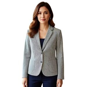 Talbots Petite Seersucker Stripe Blazer Navy White Single Button Women Size 14P